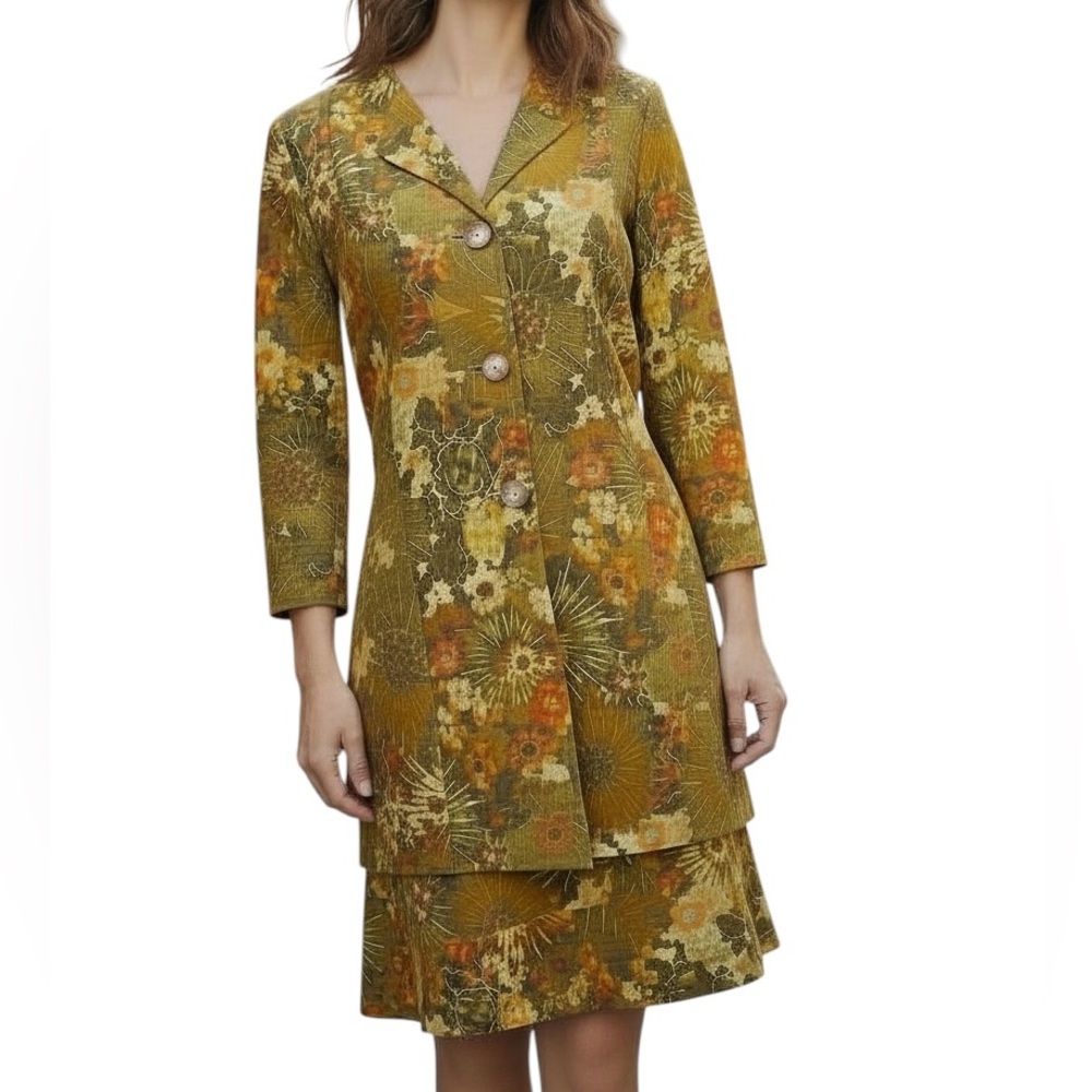 SIGRID OLSEN 2 piece outfit Jacket & Skirt Olive Fall Colors Floral 100% Silk